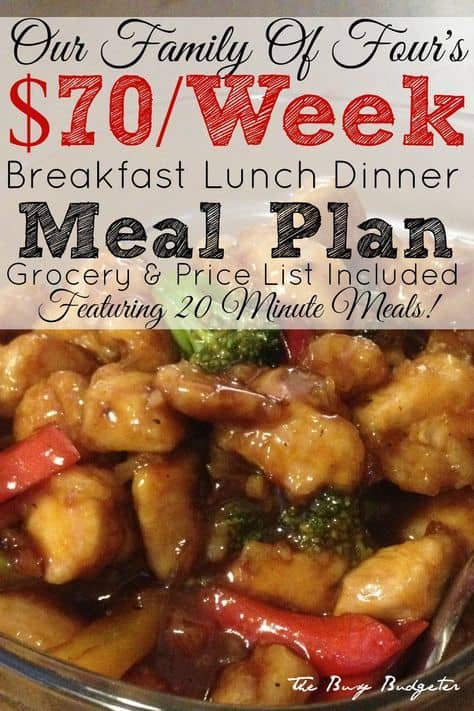 Take a break with a super easy 20 minute meal plan of breakfast lunch and dinner for $70/week to feed a family of 4. Super easy weeknight meals. Easy dinner recipes for family, cheap dinner recipes. 