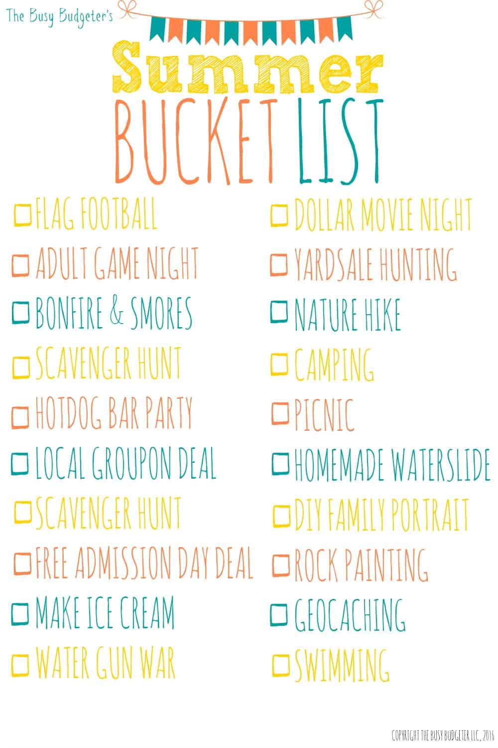 Cheap and Unique Summer Bucket List. GREAT FIND! So psyched about this! We're paying off debt ($20k gone int he last year alone!) and were looking for fun things to do as a family this summer since we cancelled our (expensive!) summer vacation. This summer bucket list is perfect. Mounted in on our command center and we're ready to roll! Bring on SUMMER!