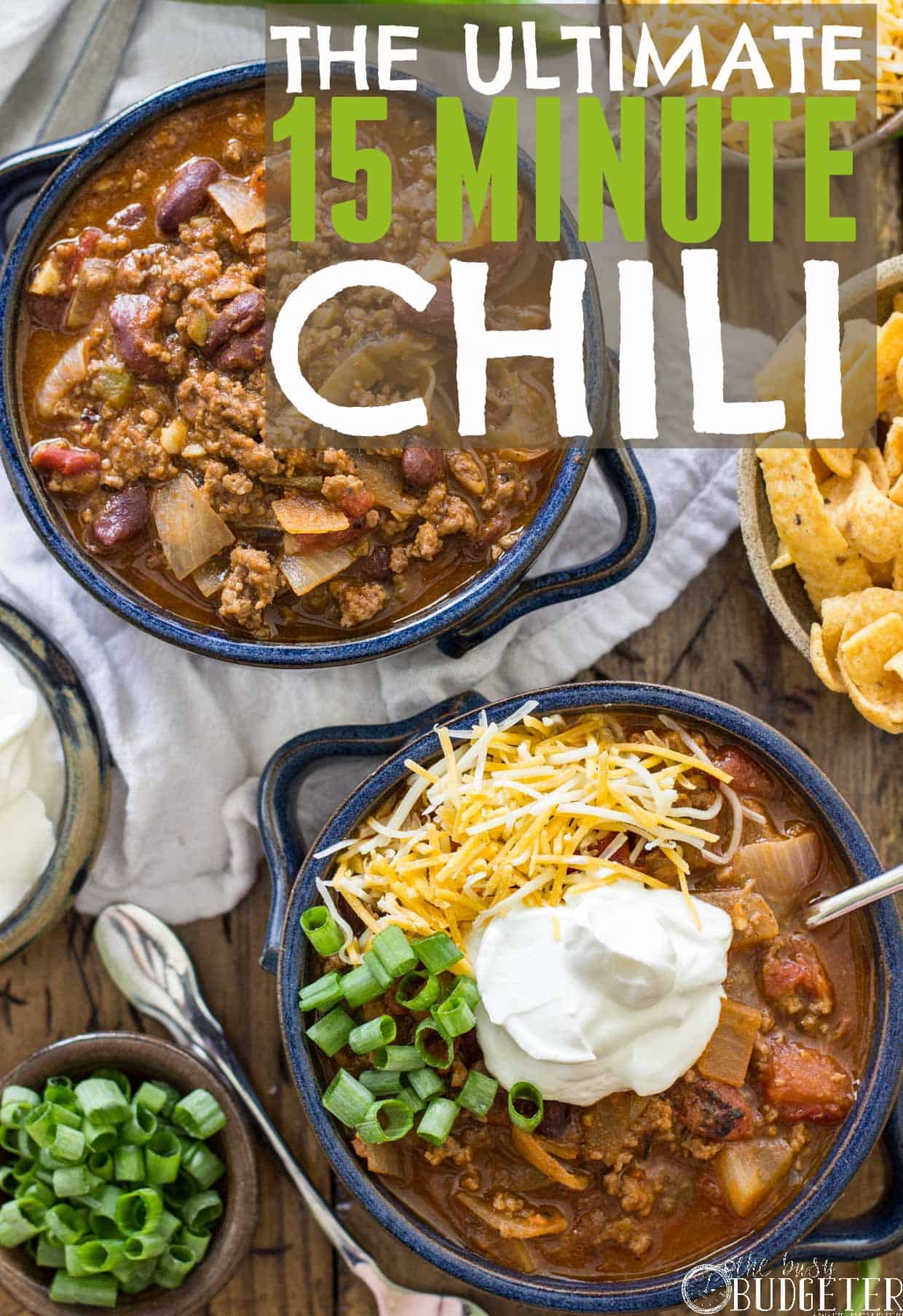 15 Minute Chili Recipe. I'm always looking for quick dinners and easy recipes. We made this tonight and it took just about 15 minutes. She's got a whole series of 15 minute meals that we love! 