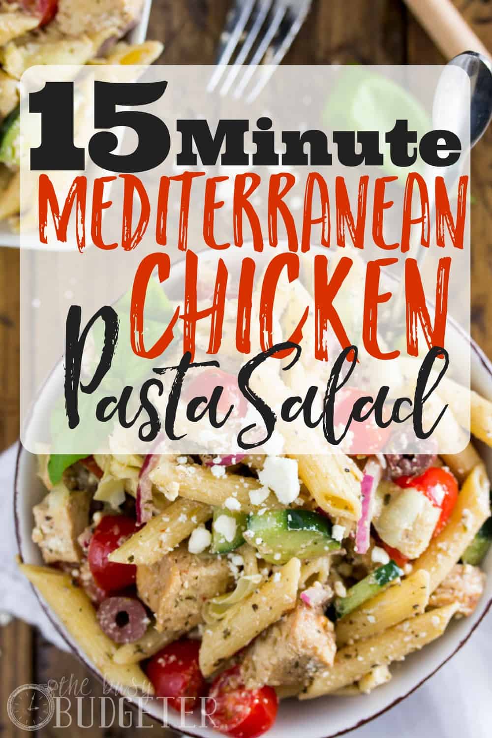 This Mediterranean Chicken Pasta Salad is simple to make -- only 15 minutes to throw together thanks to pre-cooked frozen chicken breast! Made with fresh veggies, feta cheese and a simple homemade dressing, this pasta salad is an explosion of flavors that’s sure to delight your tastebuds. Mediterranean Chicken Pasta Salad I brought this Mediterranean Chicken Pasta Salad to a potluck last weekend and not a single person left without asking me for the recipe. That might sound like an exaggeration, but it’s not. Literally everyone wanted the recipe. The giant Rubbermaid container that I brought might as well have been licked clean, there wasn’t a crumble of feta left in the place. I’m not trying to brag, this pasta salad is just that good. It’s made with pre-cooked frozen chicken breast, fresh veggies, and a homemade salad dressing that is as delicious as it is simple. So let’s walk through the steps so that you can get off the computer and get to making your very own batch of Mediterranean Chicken Pasta Salad.