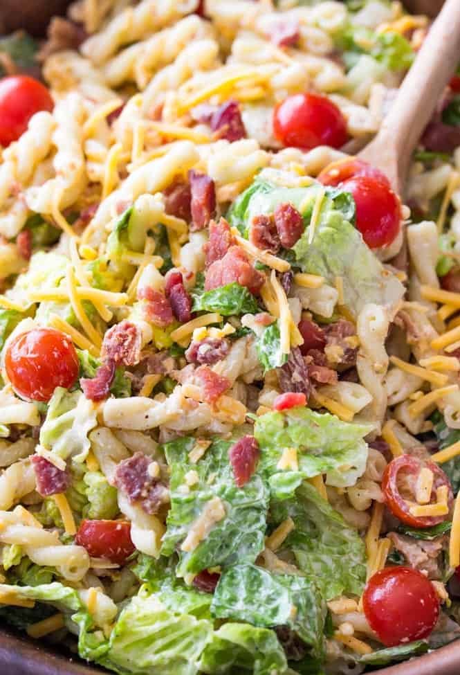 BLT pasta salad recipe- Shows pasta, chopped romaine lettuce, cheddar cheese, real bacon pieces, halved cherry tomatoes and a mayo based dressing. 