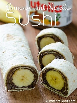 This banana and nutella "sushi" recipe what healthy snack foods should be about! My kids love this healthy snack in their lunches and they don't even realize how good it is for them!