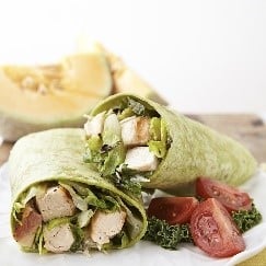 I've been trying to eat healthier and this chicken caesar salad wrap is a delicious and easy lunch to make that keeps me on track. I used frozen pre-grilled chicken to make these wraps so much easier to put together. 