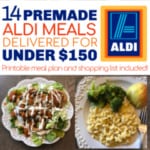 Easy orange chicken, pork carnitas tacos, buffalo chicken salad, macaroni and cheese, grilled italian sausage sandwiches, and cranberry chicken salad and crackers as one of the easy dinners in the easiest Aldi meal plan, which delivers 14 dinners to your front door for under $150.