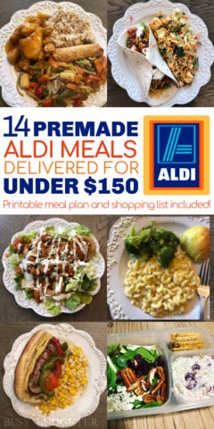 Easy orange chicken, pork carnitas tacos, buffalo chicken salad, macaroni and cheese, grilled italian sausage sandwiches, and cranberry chicken salad and crackers as one of the easy dinners in the easiest Aldi meal plan, which delivers 14 dinners to your front door for under $150.