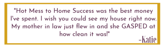Quoted Text stating "Hot Mess to Home Success was the best money I've spent. I wish you could see my house right now. My mother in law just flew in and she GASPED at how clean it was!"