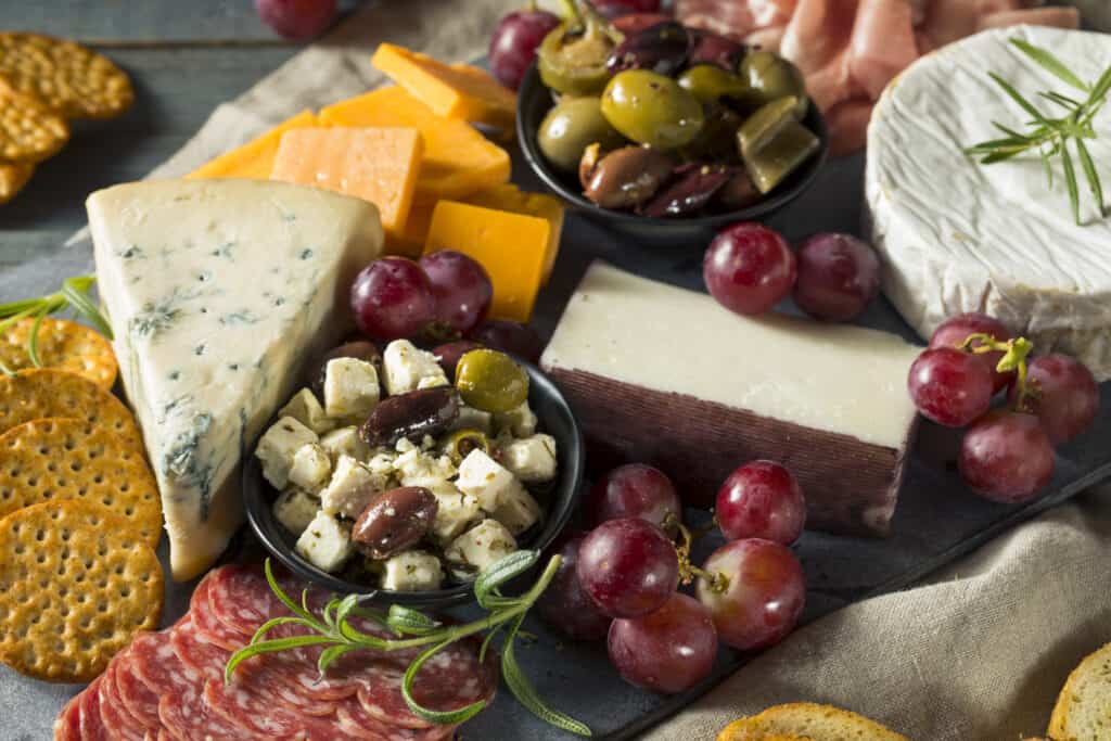 Gourmet Fancy Charcuterie Board ideas with Meat Cheese and Grapes