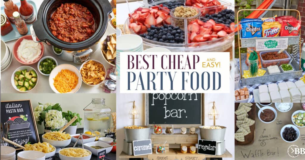 Collage of cheap and easy party food. Waffl bar, popcorn bar, walking tacos, and parfait bar ideas