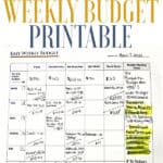 The free weekly budget printable filled out with a real budget.