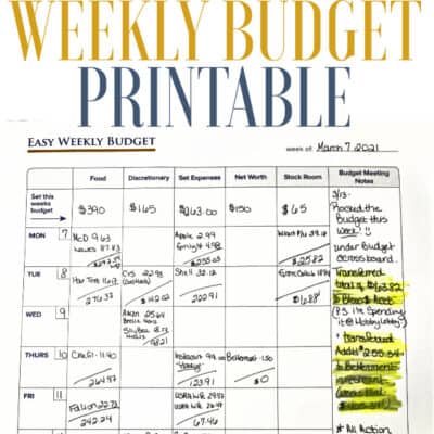 The free weekly budget printable filled out with a real budget.