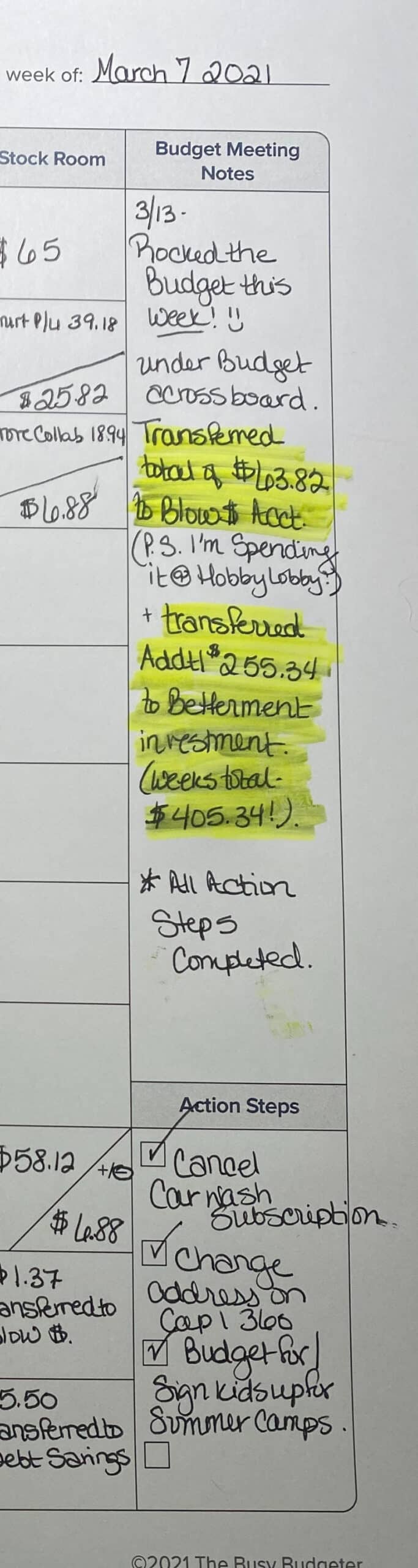 Easy Weekly Budget- Budget meetings and actions step sections.