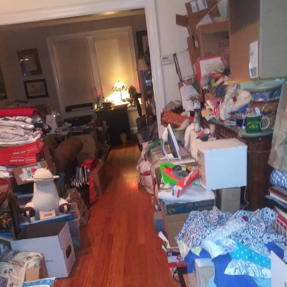 Messy House displaying a messy dining room or hallway with clothing, trash, organizing containers and broken furniture in this trashed house. 