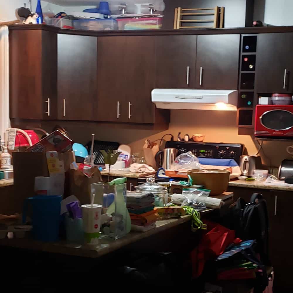 Messy House displaying a messy kitchen and kitchen counters with clothing, trash, organizing containers and dishes in this trashed house. 