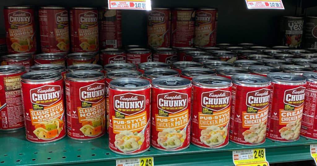 Back up meal canned soup on a store shelf