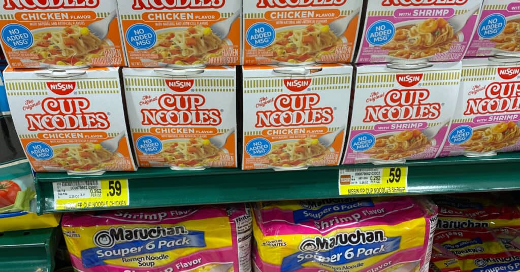 Back up meal ideas image of cup noodles and packages of ramen in the grocery store.