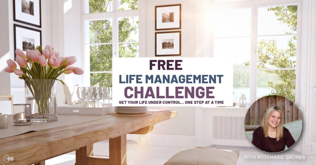 Clean dining room in the background and a picture of Rosemaroe Groner. Text overlay says Free Life Management challenge, Get your life under control one step at a time.