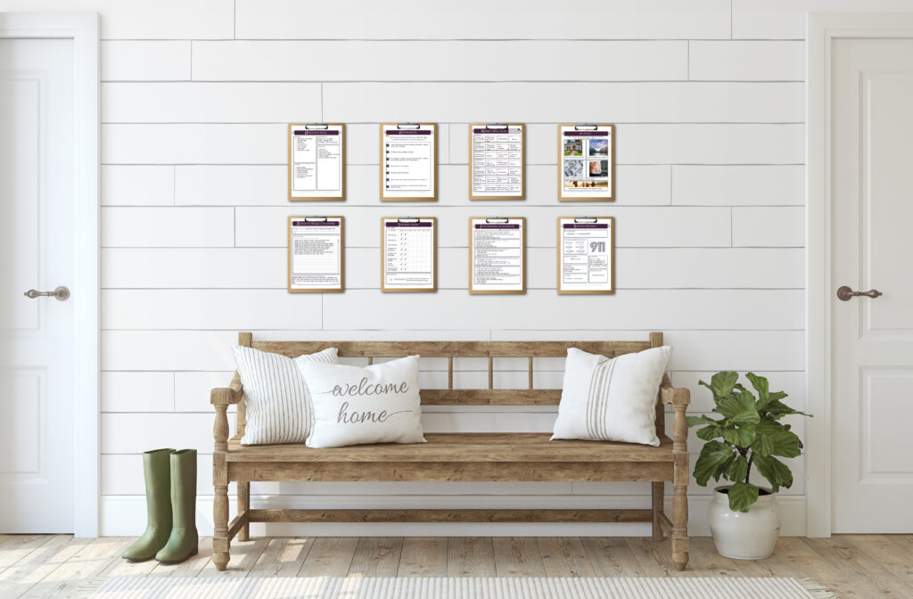 Bench with welcome pillow in the entrance of a house. Command Center set up on clipboards on the wall.