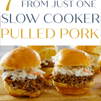 Pulled pork pizza, sammies and taco meals so you can cook once eat all week, text overlay says 7 freezer meals from just one slow cooker pulled pork