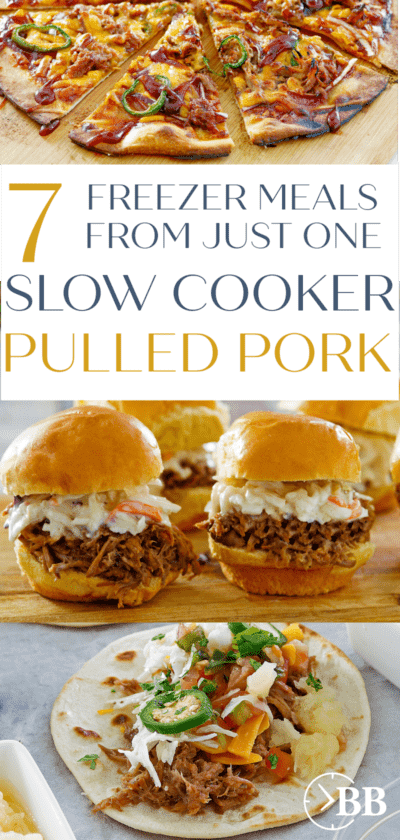 Pulled pork pizza, sammies and taco meals so you can cook once eat all week, text overlay says 7 freezer meals from just one slow cooker pulled pork