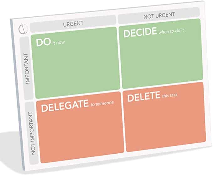 Planning sticky notes for the eisenhower matrix system. 4 read and green boxes that say do, decide, delegate, delete.