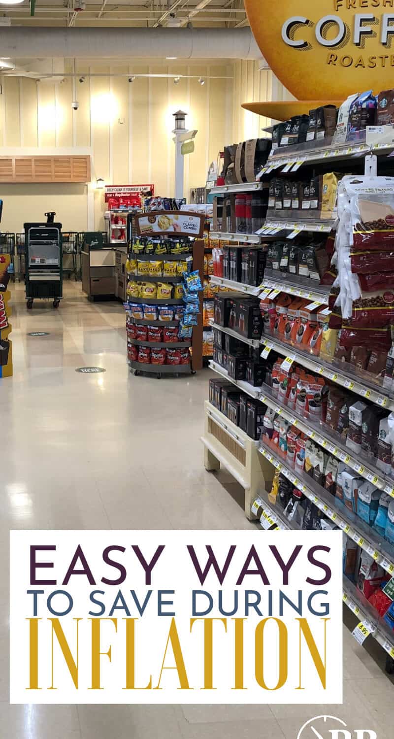 Grocery story asile with chips and drinks. Text over says Easy ways to save during inflation.