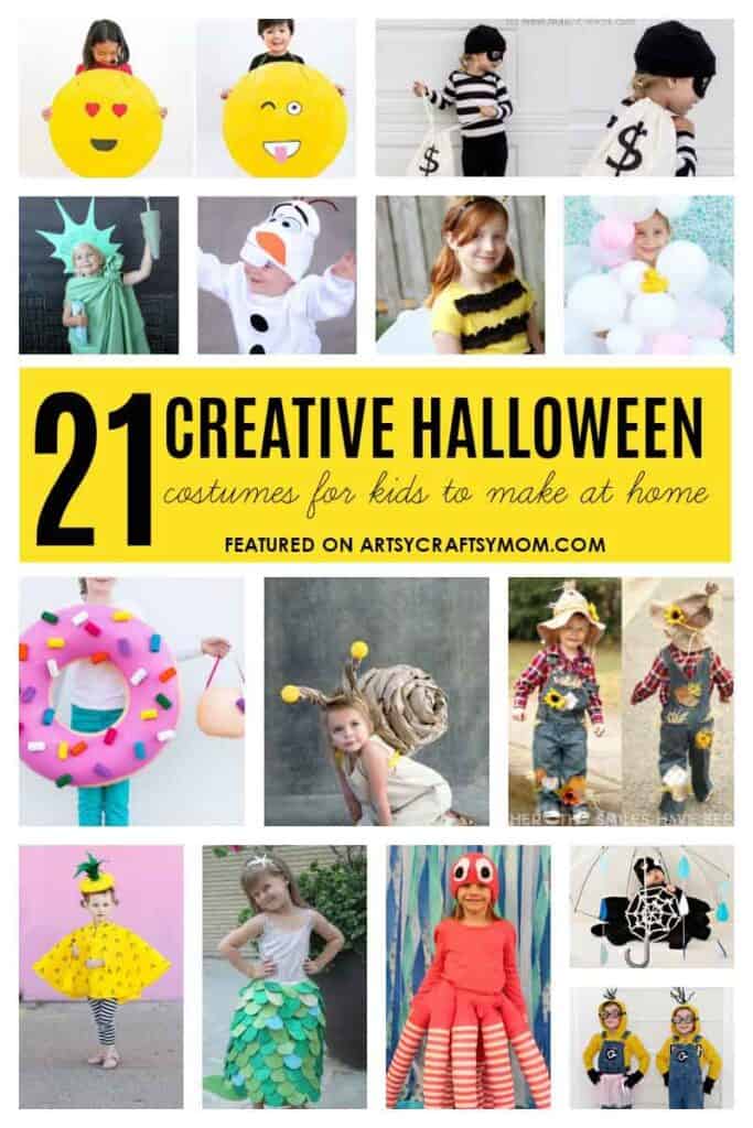 collage of cute costume ideas for kids for halloween (statute of liberty, bumble bee, little bandit)