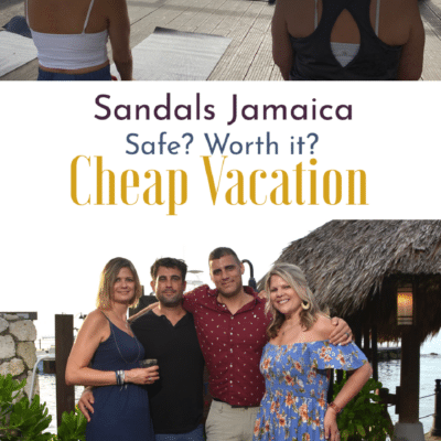 2 couples (friends) at Sandals Ochi Rios Beach Resort in Jamaica. On the top is atwo women doing yoga overlooking the bluff, on the bottom, two 2 women and 2 men are standing in front of a tiki hut with the text floating above them Sandals Jamaica Safe? Worth it? Cheap Vacation