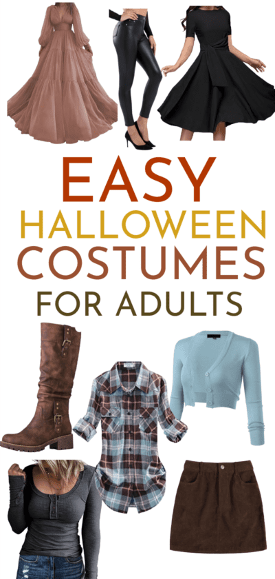 Dresses, cardigans, boots, flannel shirts and faux leather leggings- text overlay says easy halloween costumes for adults.