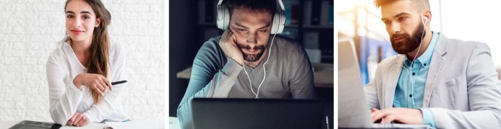 2 men and a woman listening to productive music while they work.