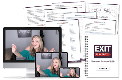 Course contents of Exit Strategy course- How to quit a job you hate.  Image includes video with Rosemarie Groner, workbooks and printable pages.