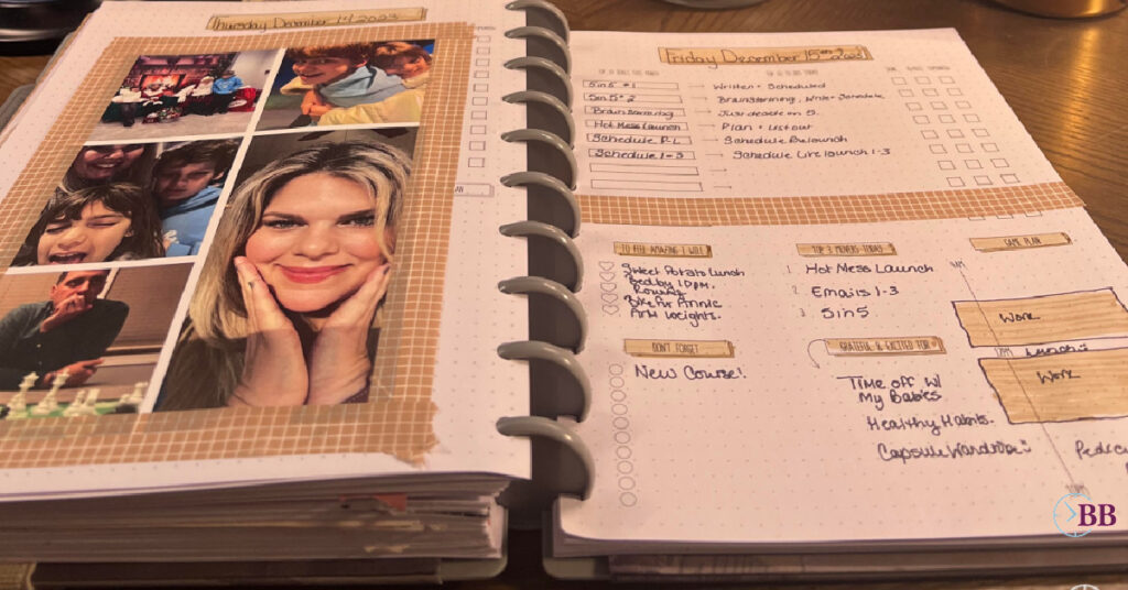 A layout in a beige and white neutral colored business planner with photos washi taped into the left side in neutral beige washi tape and on the right is a business planning page. 